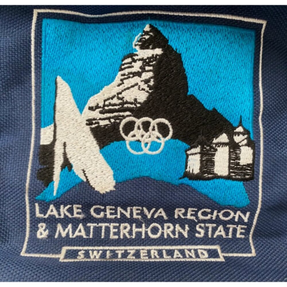 Olympics Navy Drawstring Backpack Lake Geneva and Matterhorn Region Old School - Picture 2 of 10